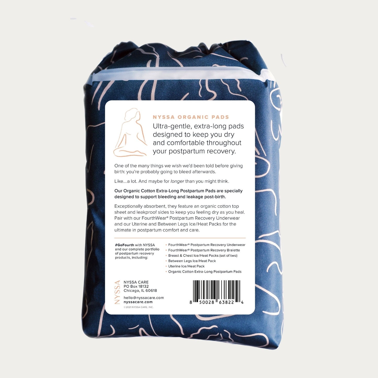 Organic Cotton Extra-Long Postpartum Pads, back of pack